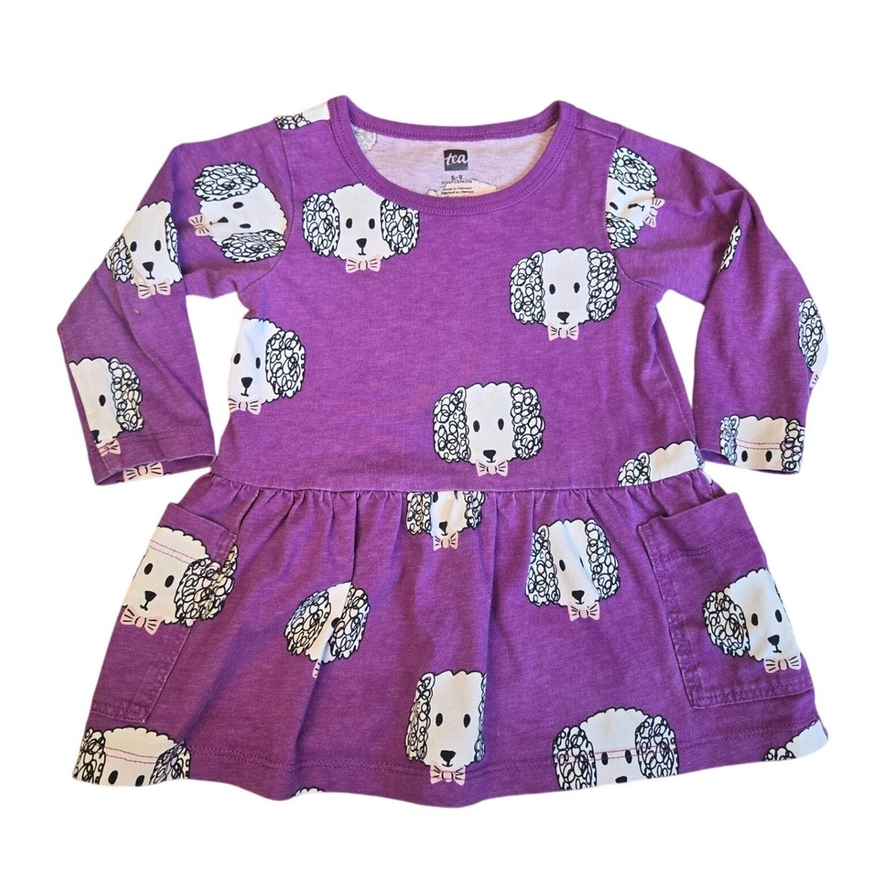 Tea Collection Maltipoo Pocket Dress Baby 6-9Mo Long Sleeve Purple 100%‎ Cotton